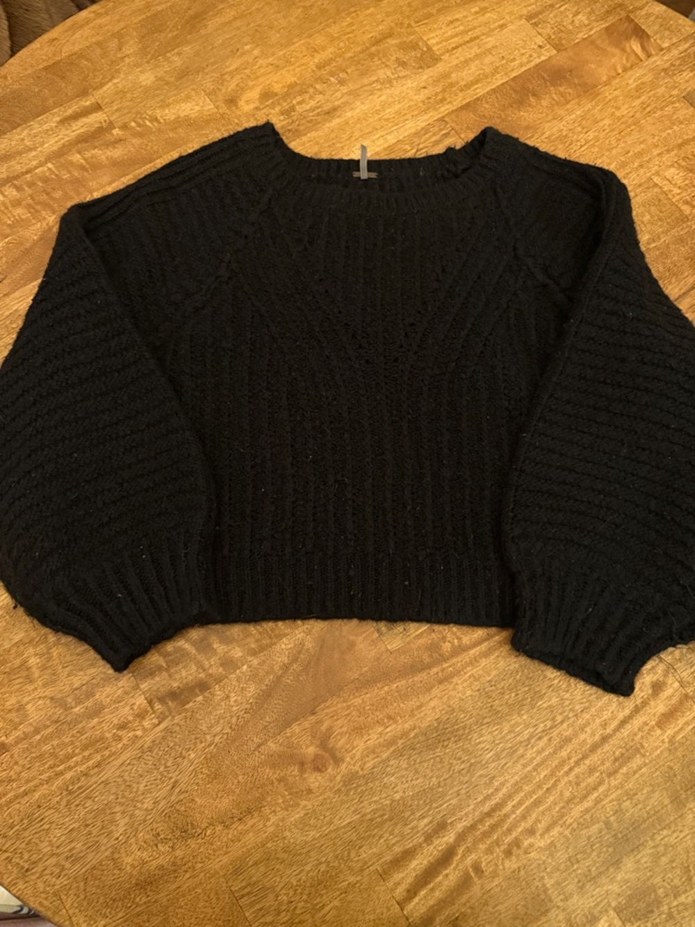 Free People Black Cropped Cable Knit Crewneck Sweater